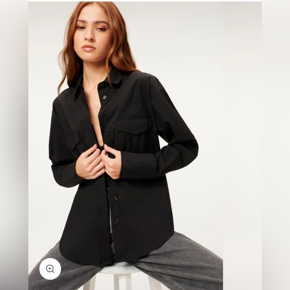 Good American The Good Shirt Long Sleeve Point Collar Black Women's Sz S/M